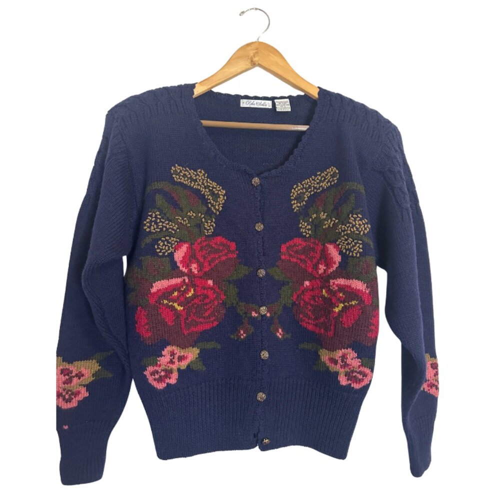 Robin Sinkler Floral Worsted Wool Cardigan Sweater Vintage Grandmacore  - Large